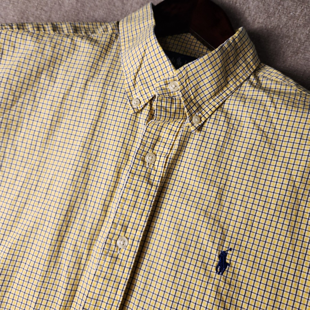 Polo Ralph Lauren Button Down Mens L Yellow Blue Check Short Sleeve Cotton Shirt